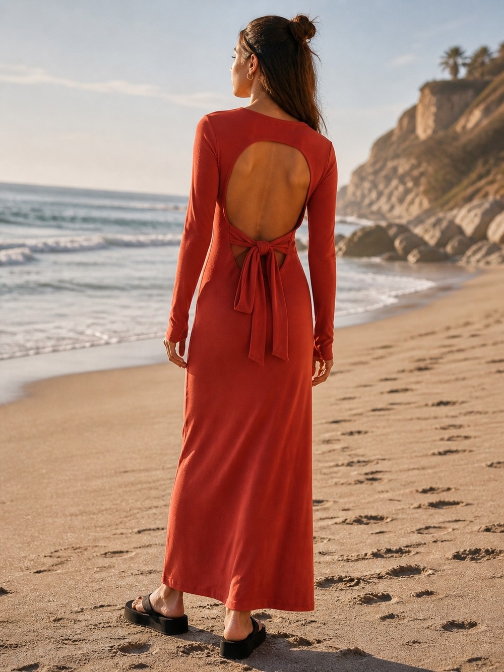 NWT Free People Beach Open Back Coastal Tie Maxi Dress Size L Chili Oil Red